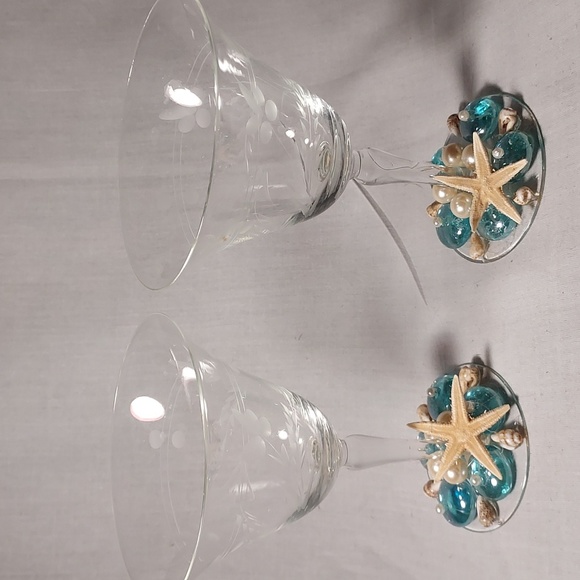 Handmade Shell Art Wine Glasses Dessert Glasses Set of 2 Floral Etched Design - Picture 8 of 8